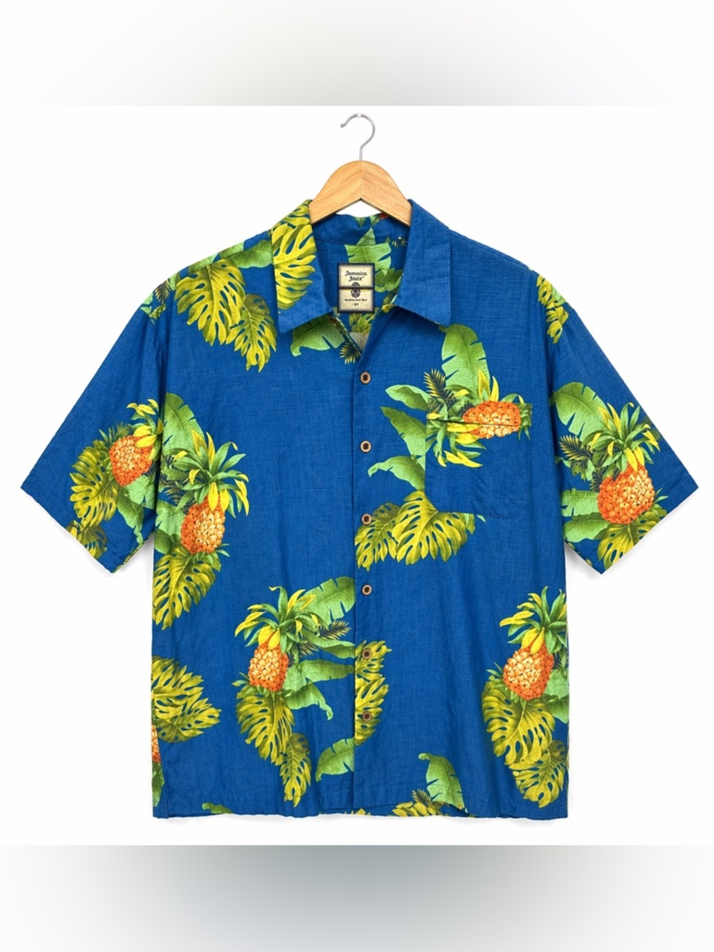Jamaica Jaxx 100% Silk Hawaiian Shirt Blue Pineapple Print Camp Collar Men’s L